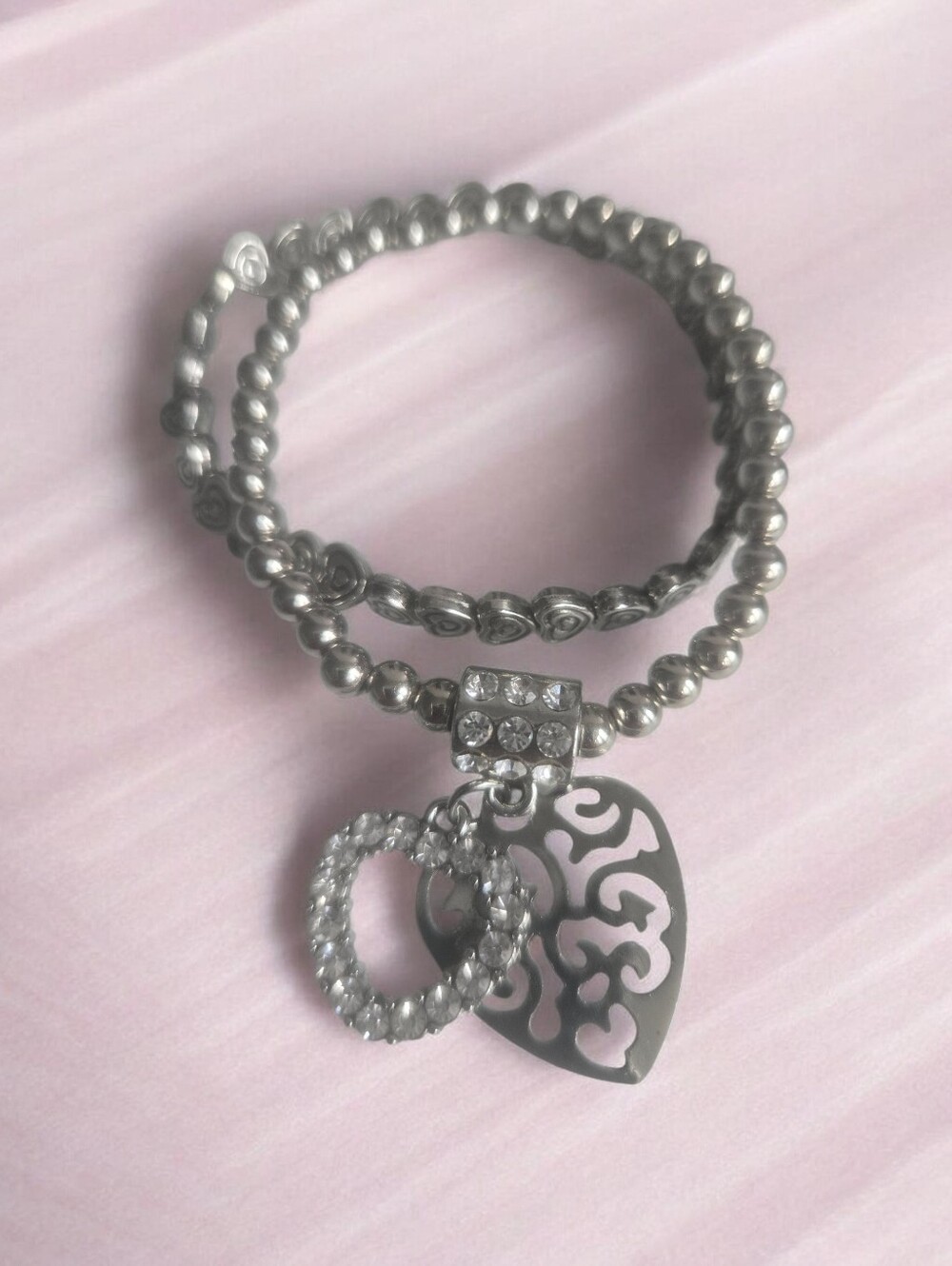 Silver Heart Charm Stretch Bracelet - Unbranded
